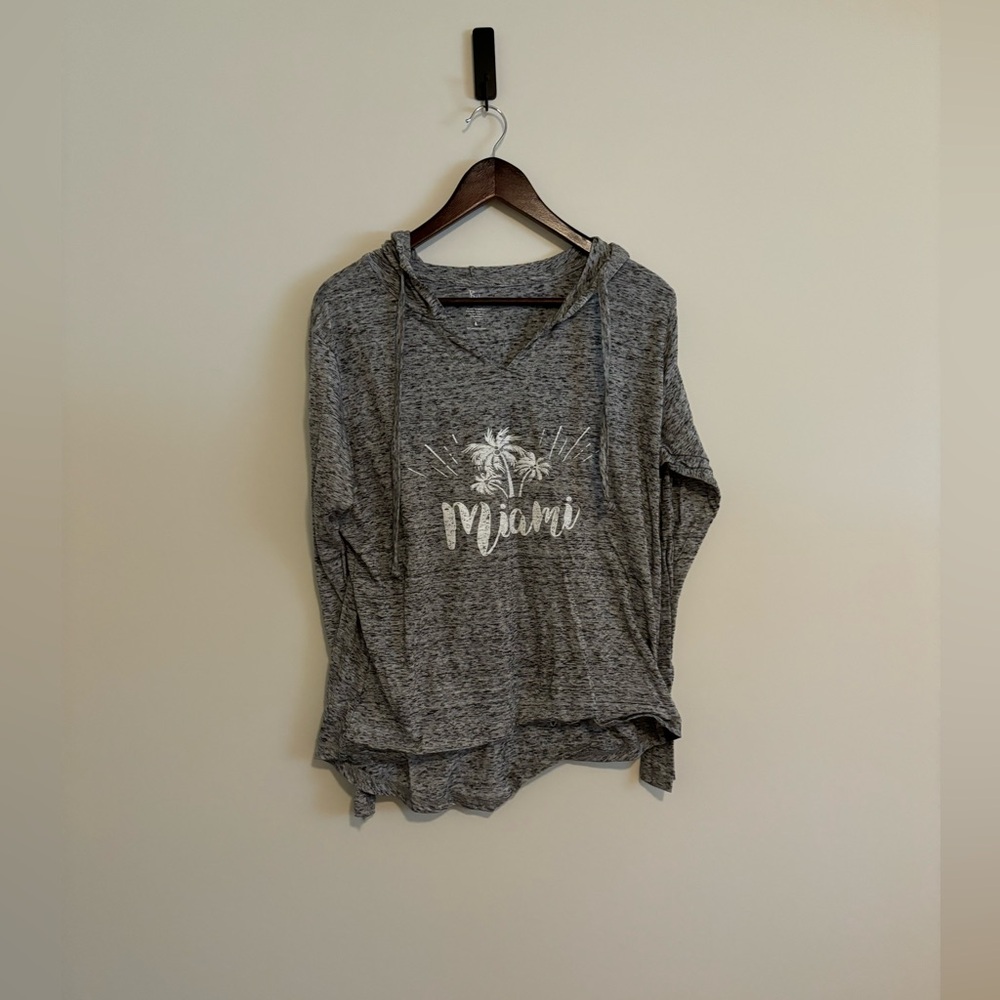 Grey “Miami” Hooded Long Sleeve Shirt. Size Large.